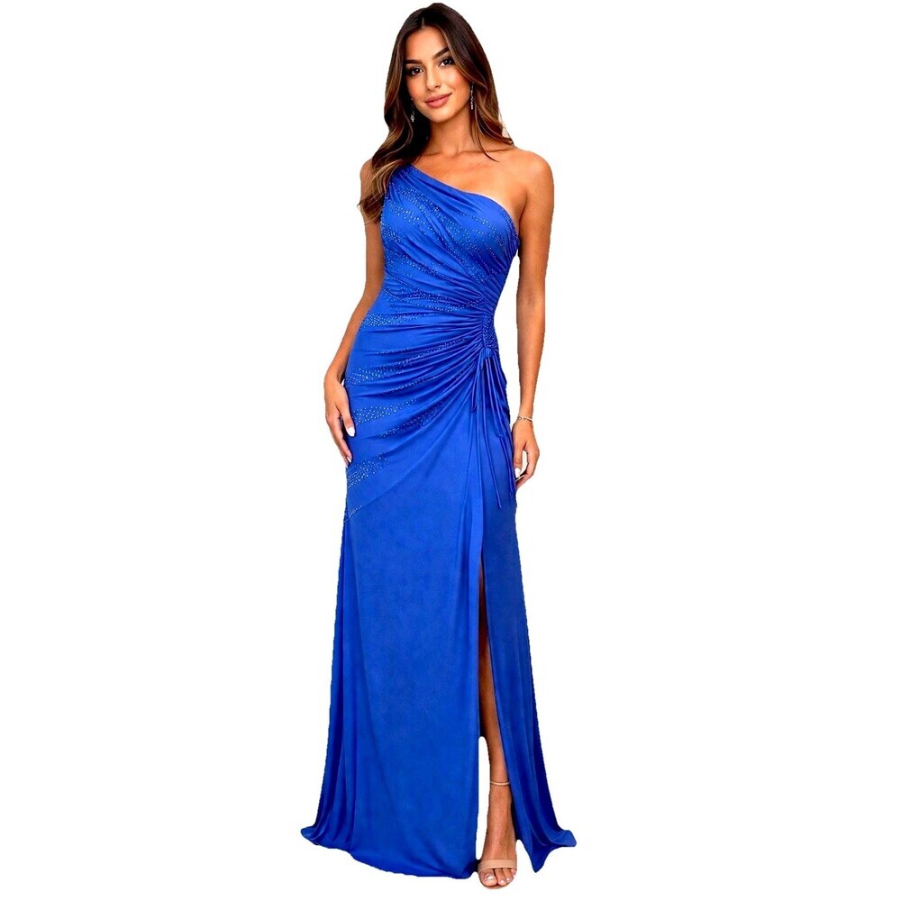 City Triangles Blue One Shoulder Beaded Prom Dress Slit Formal Gown 11